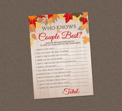 Who Knows The Couple Best Shower Game - INSTANT DOWNLOAD - Fall Bridal Shower Games, Fall Leaves, Bride or Groom, Fall Wedding