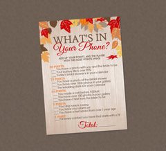 What's In Your Phone Bridal Shower Game - INSTANT DOWNLOAD - Fall Bridal Shower Games, Fall Bridal Shower, Phone Game, Fall Leaves