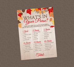 What's In Your Purse Bridal Shower Game - INSTANT DOWNLOAD - Fall Bridal Shower Games, Fall Leaves, Purse Game, Fall Bridal Shower