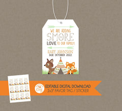 S'more Love Woodland Favor Tag - EDITABLE INSTANT DOWNLOAD - S'more Favor Tag, Woodland Smore Tag, Woodland Baby Shower, Fox, Camper, Teepee