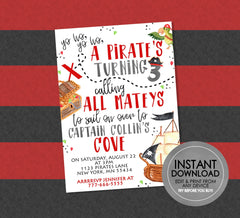 Pirate Map Birthday Invitation - EDITABLE INSTANT DOWNLOAD - Pirate Birthday Invites, Pirate Map, Pirate Party Invite, Watercolor Pirate