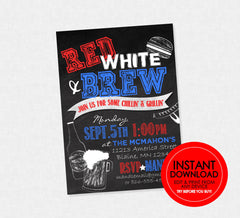 Red White & Brew Party Invitation - EDITABLE INSTANT DOWNLOAD - Labor Day Invite, Barbecue, Chalkboard, Bbq, Grill, Labor Day Party