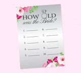 Silver and Pink How Old Was The Bride Shower Game - INSTANT DOWNLOAD - Bridal Shower Games, Silver, Pink, Magenta, Floral