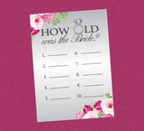 Silver and Pink How Old Was The Bride Shower Game - INSTANT DOWNLOAD - Bridal Shower Games, Silver, Pink, Magenta, Floral