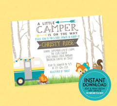 Teal Little Camper Baby Shower Invitation - Editable Instant Download - Woodland Baby Shower, RV Camper, Teal, Yellow, Forest Animals, Girl