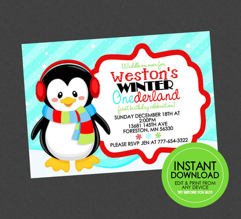 Penguin Birthday Invitation - EDITABLE INSTANT DOWNLOAD - Penguin Birthday Invites, Onederland, Wonderland, 1st Birthday Invites, Winter