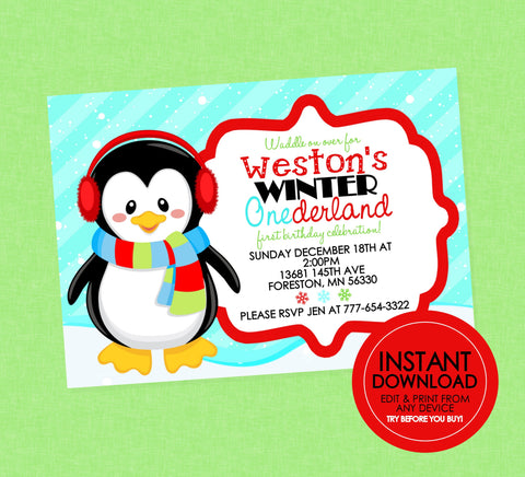 Penguin Birthday Invitation - EDITABLE INSTANT DOWNLOAD - Penguin Birthday Invites, Onederland, Wonderland, 1st Birthday Invites, Winter