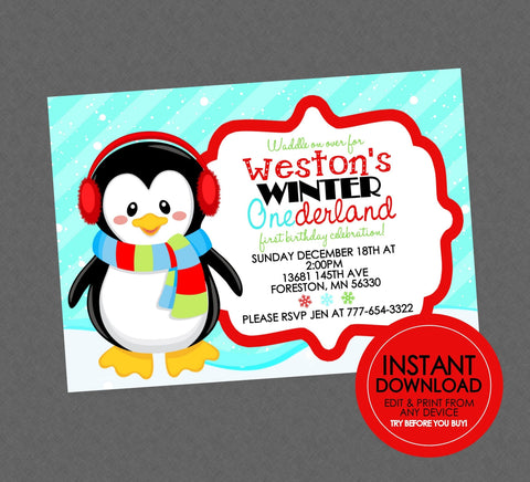 Penguin Birthday Invitation - EDITABLE INSTANT DOWNLOAD - Penguin Birthday Invites, Onederland, Wonderland, 1st Birthday Invites, Winter