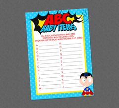 Superhero ABC Baby Items Shower Game - INSTANT DOWNLOAD - Superhero Baby Shower Games, Baby Item Game, Super Hero