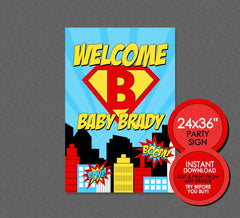 Superhero Party Poster - EDITABLE INSTANT DOWNLOAD - Superhero Welcome Sign, Super Hero Birthday, Superhero Baby Shower, Emblem, Buildings