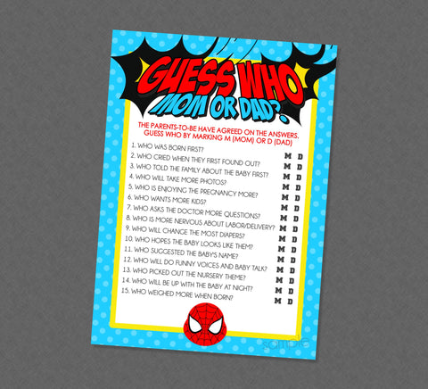 Superhero Guess Who Mommy or Daddy Baby Shower Game - INSTANT DOWNLOAD - Superhero Baby Shower Games, Guess Who Game, Super Hero, Superhero