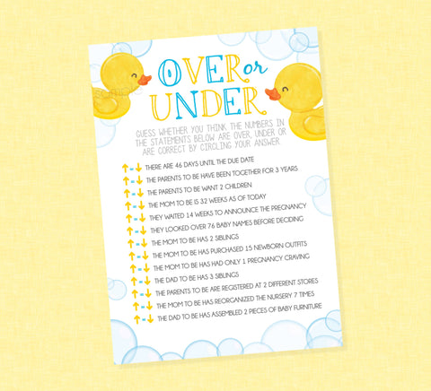 Rubber Duck Over or Under Baby Shower Game - INSTANT DOWNLOAD - Duck Baby Shower Games, Rubber Ducky, Over or Under Game, Duckie