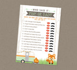 Woodland Who Said It Baby Shower Game - INSTANT DOWNLOAD - Camper Baby Shower Games, RV Camper, Who Said It, Mom or Dad, Guess Who, Fox