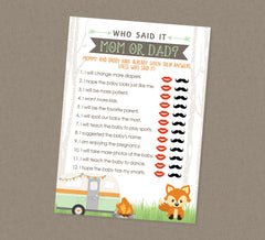 Woodland Who Said It Baby Shower Game - INSTANT DOWNLOAD - Camper Baby Shower Games, RV Camper, Who Said It, Mom or Dad, Guess Who, Fox