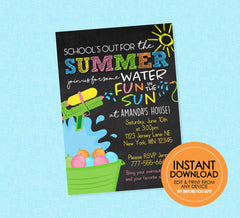 School is Out Water Fun Chalkboard Invitation - EDITABLE INSTANT DOWNLOAD - End of School Party, End of School Invite, Water Gun, Squirt Gun