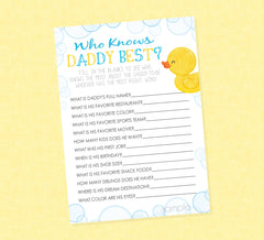 Rubber Duck Who Knows Daddy Best Shower Game - INSTANT DOWNLOAD - Duck Baby Shower Games, Who Knows Dad Best, Rubber Ducky Baby Shower