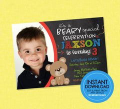 Teddy Bear Photo Birthday Invite - EDITABLE INSTANT DOWNLOAD - Bear Birthday, Teddy Bear, Great For Build A Bear Parties, Picture