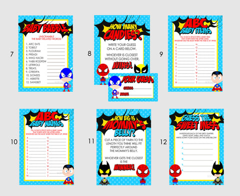 Superhero Baby Shower Games - PICK ANY 5 - 36 Games To Choose From - Superhero Baby Shower, Super Hero, Baby Superheroes, Party Games, Guess