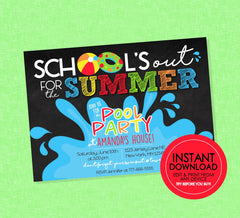 Summer Pool Party Chalkboard Invitation - EDITABLE INSTANT DOWNLOAD - End of School Party, End of School Invite, Pool Party, School is Out