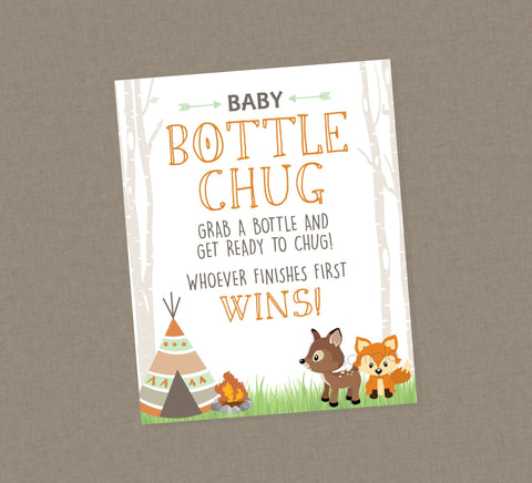 Woodland Baby Bottle Chug Shower Game - INSTANT DOWNLOAD - Woodland Baby Shower Games, Bottle Chug, Camper, Fox, Teepee, Tent, Race