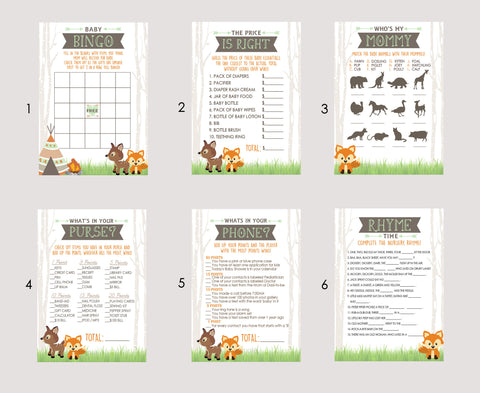 Woodland Baby Shower Games - PICK ANY 7 - 30 Games To Choose From - Little Camper, Party Games, Fox, Deer, Tent, Forest Animals, Guess