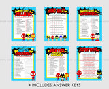 Super Six Superhero Game Pack - INSTANT DOWNLOAD - Superhero Party Games, Superhero Baby Shower, Superhero Birthday, Super Hero, Trivia