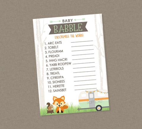 RV Camper Word Unscramble Baby Shower Game - Instant Download- Woodland Shower Games, Forest Animals, Baby Babble, Unscramble, Camper, RV