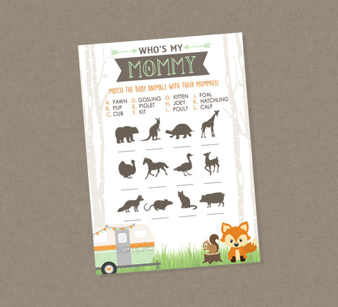 RV Camper Baby Animal Match Baby Shower Game - INSTANT DOWNLOAD - Woodland Baby Shower Games, Camper, Who's My Mommy, Fox, Camper, Rv