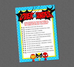 Superhero Over or Under Baby Shower Game - INSTANT DOWNLOAD - Superhero Baby Shower Games, Over or Under, Super Hero, Superheroes