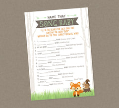 Woodland Name That Song Baby Shower Game - INSTANT DOWNLOAD - Woodland Baby Shower Games, Song Game, Camper, Fox, Forest Animal, Music Game