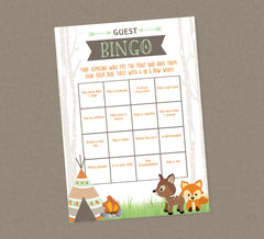 Woodland Guest Bingo Baby Shower Game - INSTANT DOWNLOAD - Woodland Baby Shower Games, Find the Guest, Camper, Fox, Forest Animal, Bingo