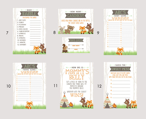 Woodland Baby Shower Games - PICK ANY 7 - 30 Games To Choose From - Little Camper, Party Games, Fox, Deer, Tent, Forest Animals, Guess