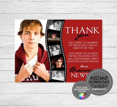 Photo Filmstrip Graduation Thank You - EDITABLE INSTANT DOWNLOAD - Picture, Grad, Graduation Thank You Cards, Red, Maroon, Burgundy, Scarlet