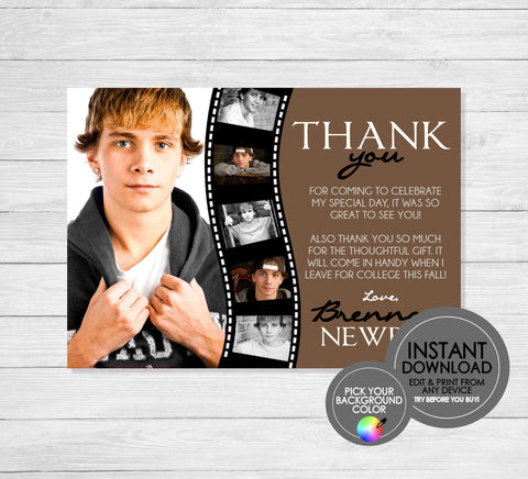 Photo Filmstrip Graduation Thank You - EDITABLE INSTANT DOWNLOAD - Picture, Grad, Graduation Thank You Cards, Brown, Tan, Beige