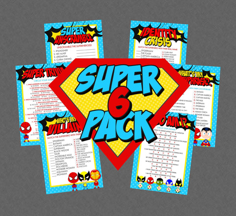 Super Six Superhero Game Pack - INSTANT DOWNLOAD - Superhero Party Games, Superhero Baby Shower, Superhero Birthday, Super Hero, Trivia