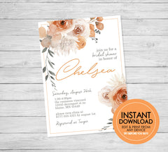 Orange Floral Bridal Shower Invitation - EDITABLE INSTANT DOWNLOAD - End of Summer, August, Wedding, Fall Bridal, Engagement, Apricot, Peach