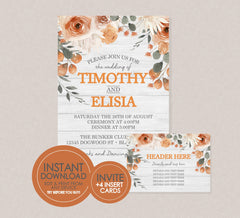 Orange Floral Wedding Invitation and Inserts - EDITABLE INSTANT DOWNLOAD - End of Summer, August, Wedding, Fall, Apricot, Peach, Wood, Rsvp