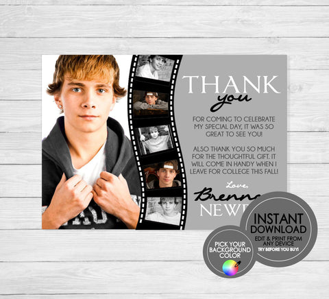 Photo Filmstrip Graduation Thank You - EDITABLE INSTANT DOWNLOAD - Picture, Grad, Graduation Thank You Cards, Black and White, Grey, Gray