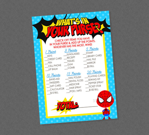 Superhero What's In Your Purse Shower Game - INSTANT DOWNLOAD - Superhero Baby Shower Games, Super Hero Baby Shower, Purse Game, Superheroes