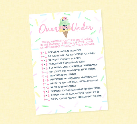 Over or Under Ice Cream Baby Shower Game - INSTANT DOWNLOAD - Ice Cream Baby Shower Games, Over or Under, Sprinkle, Game, Guess