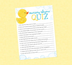 Rubber Duck Nursery Rhyme Quiz Baby Shower Game - INSTANT DOWNLOAD - Duck Baby Shower Games, Rubber Ducky, Nursery Rhymes Game, Duckie