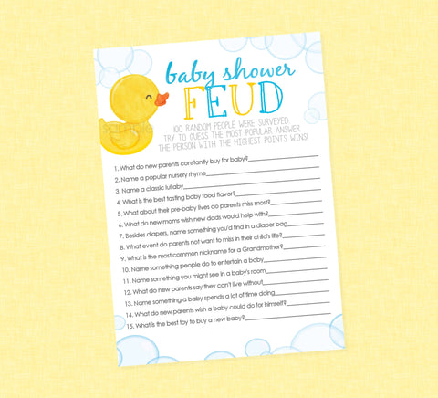 Rubber Duck Baby Shower Feud Game - INSTANT DOWNLOAD - Duck Baby Shower Games, Rubber Ducky, Family Feud Game, Duckie