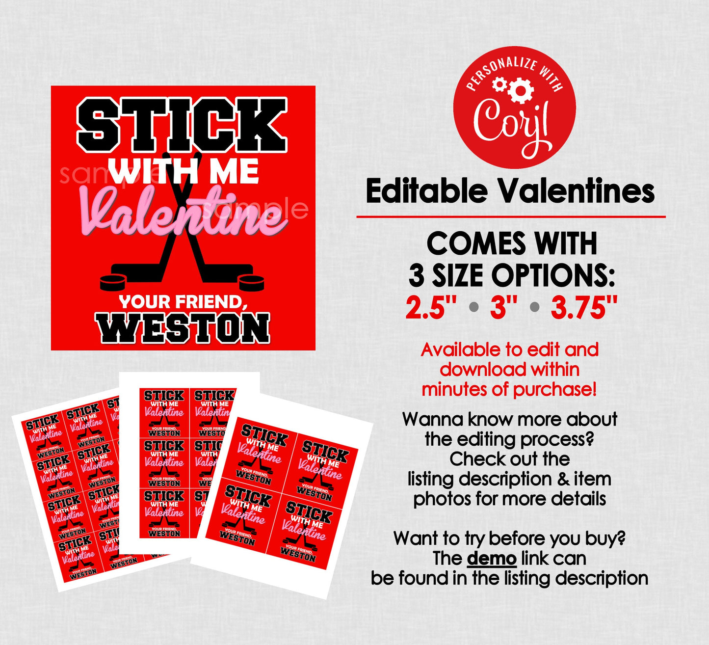Stick With Me Printable Hockey Valentines || EDITABLE INSTANT DOWNLOAD