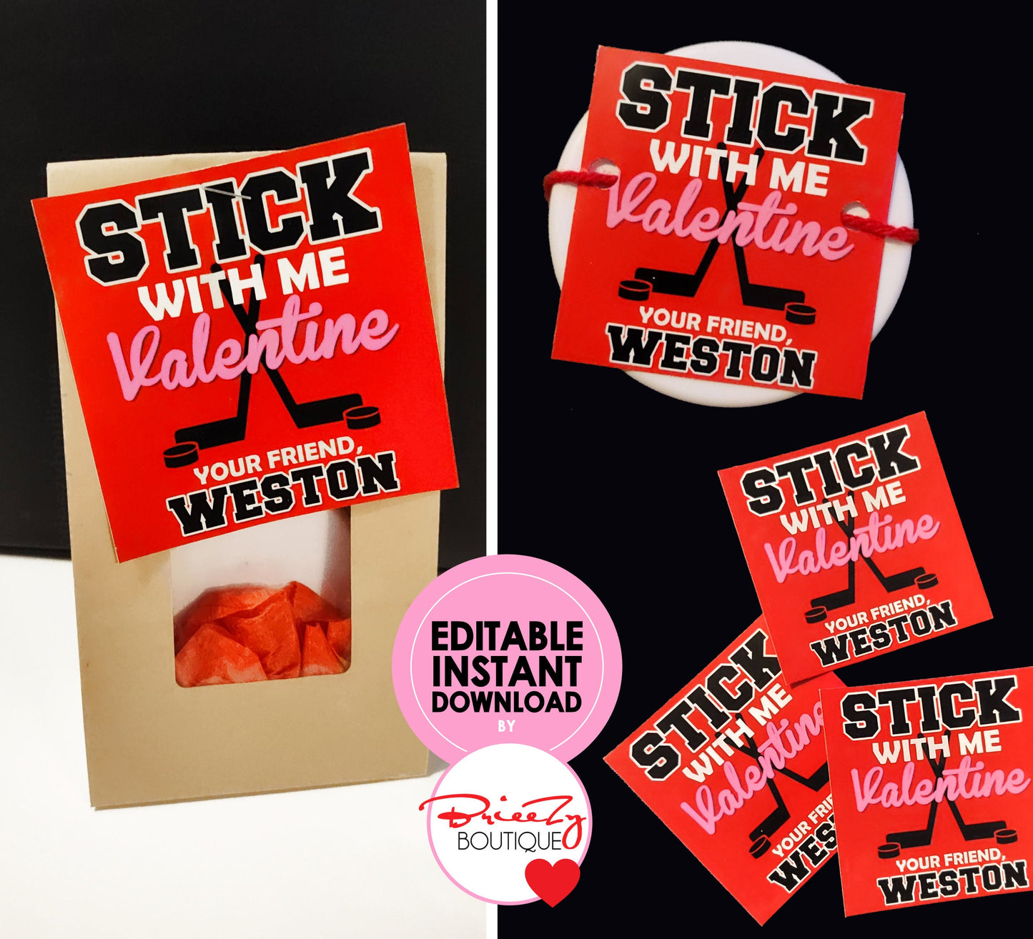Stick With Me Printable Hockey Valentines || EDITABLE INSTANT DOWNLOAD