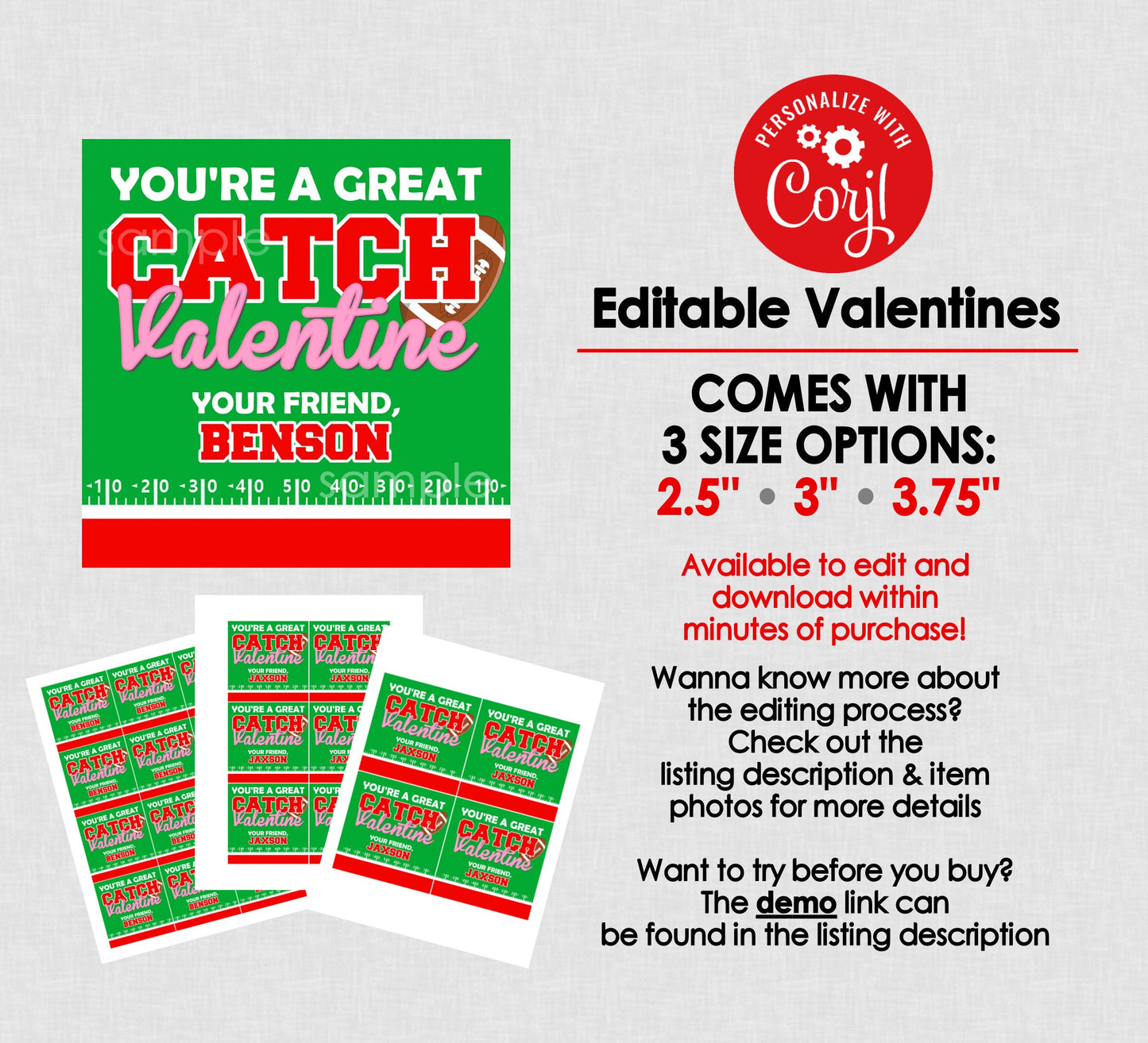 You're a Great Catch Printable Football Valentines || EDITABLE INSTANT DOWNLOAD