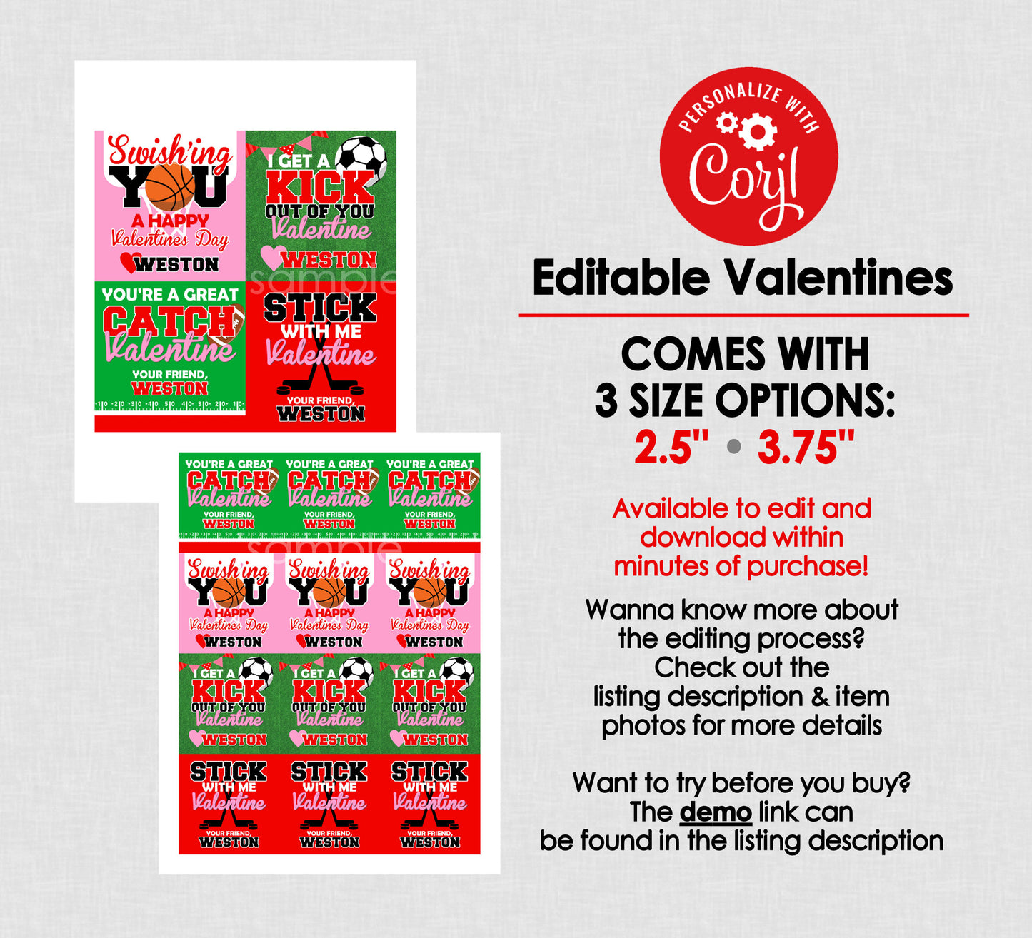 Printable Personalized Sports Valentines || EDITABLE INSTANT DOWNLOAD