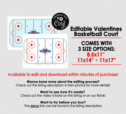 Printable Valentines Hockey Rink For Box || EDITABLE DIGITAL DOWNLOAD