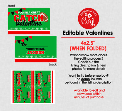 Football Folding Valentine Bag Toppers || EDITABLE INSTANT DOWNLOAD