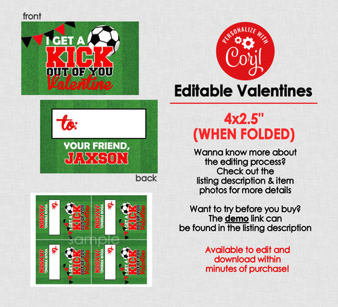 Soccer Folding Valentine Bag Toppers - EDITABLE INSTANT DOWNLOAD - Soccer Valentines, I Get a Kick Out of You, Valentine, Soccer