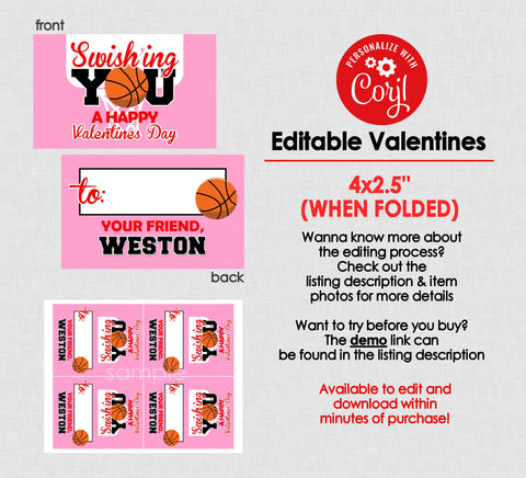 Basketball Folding Valentine Bag Toppers - EDITABLE INSTANT DOWNLOAD - Basketball Valentines, Swish, Valentine, Basketball, Red, Pink